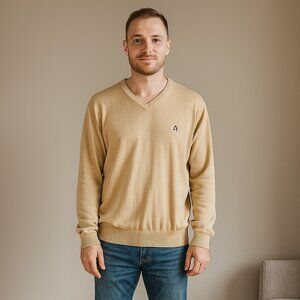 VINTAGE AkademiksY2K Long Sleeve V Neck Beige Men Sweater Logo 2XL Acrylic Blend